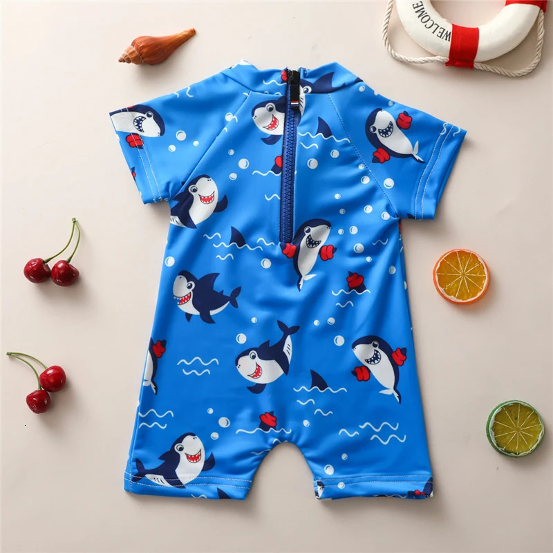 0-5 Years Baby Boy OnePiece Swimsuit Shark Pattern Swimwear Short Sleeve Zipper Bathing Beachwear 240326