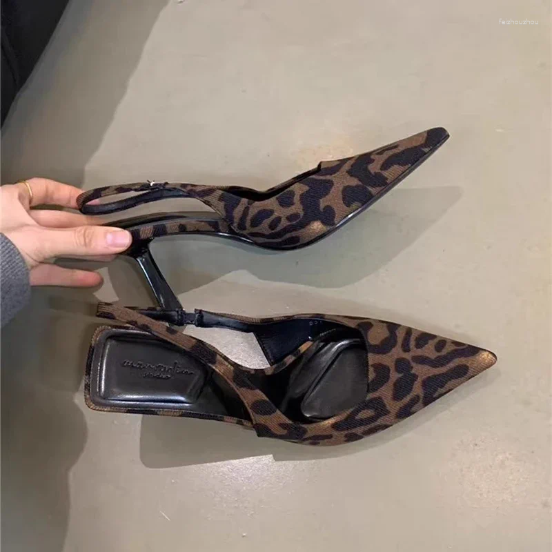 Sandals Leopard High Heels Shoes Women Designer Pointed Toe Dress Party Summer Slippers 2024 Mules Female Pumps Slides