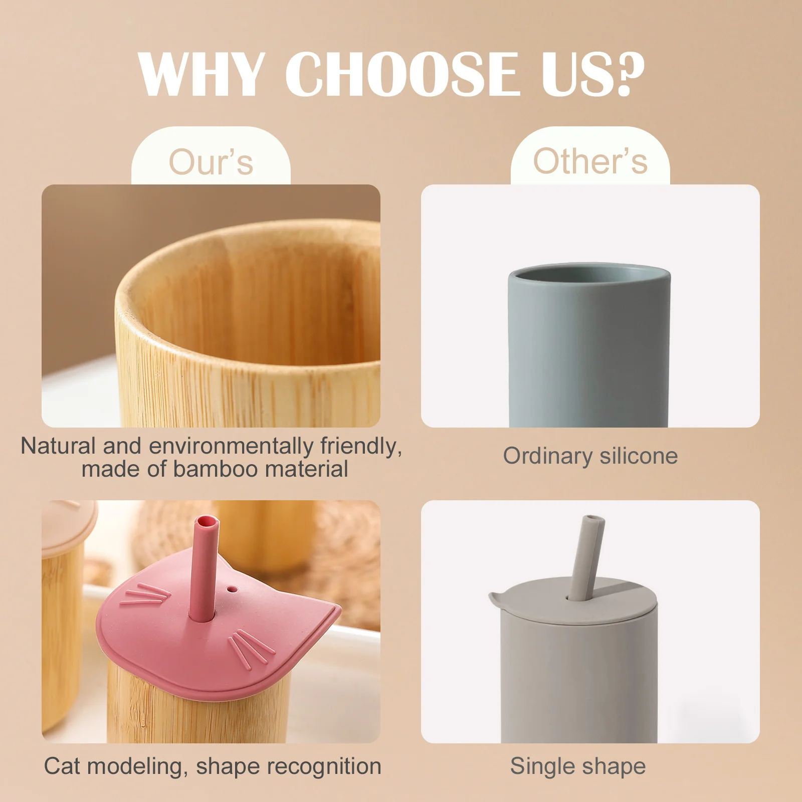 Bopoobo Baby Feeding Cup Silicone Straw BPA Free Detachable Bamboo Wooden Kid Learning Children Soft 240322
