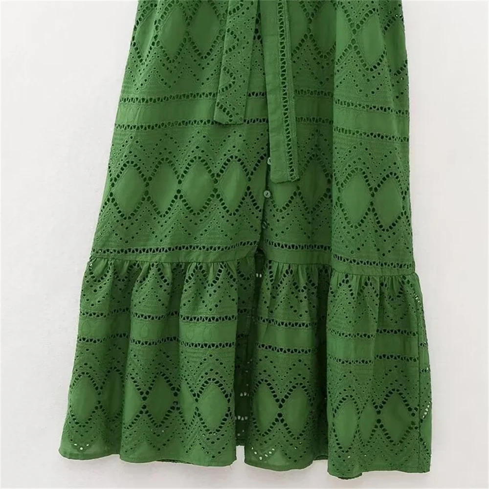 ZAR SpringSummer Selling Womens Waistband Lapel Short Sleeve Hollow out Embroidered Shirt Midi Dress 240327