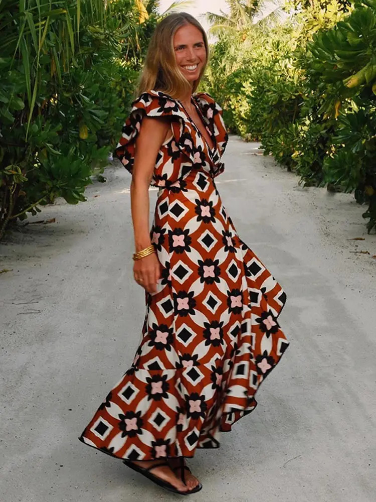 Bohe Butterfly Ruffles Sleeve Print Womens Dress Casual Slim Maxi Hem Long Vestidos Spring Summer Chic Holiday Robes Female 240321