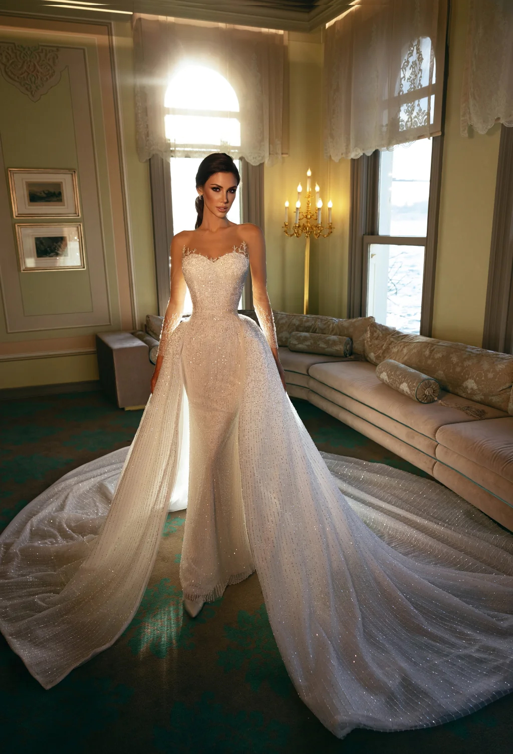 2024 Luxurious sparkly Lace Sheer Neck 2 In 1 Mermaid Wedding Dresses Removable Train Beading Lace Illusion Sleeves Trumpet Bridal Gowns