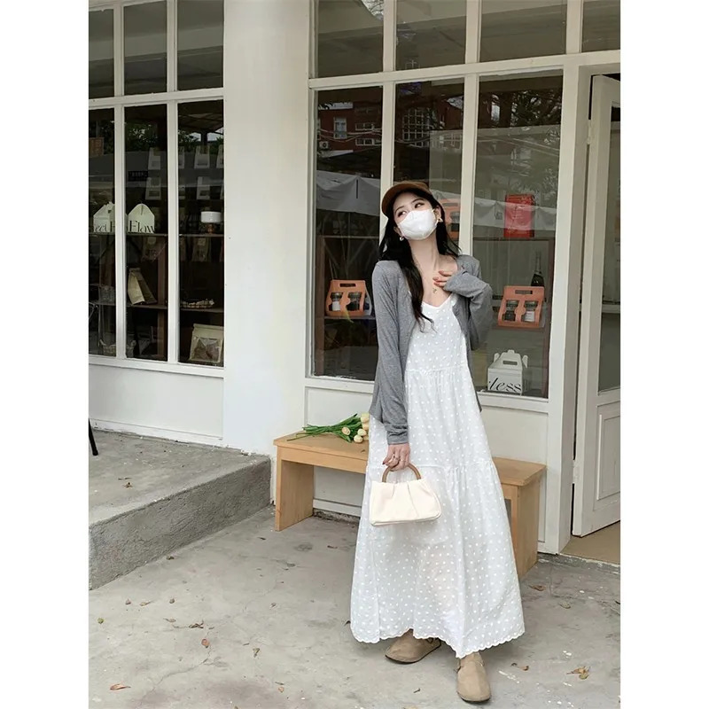 Arrival Summer Korean Style Women Loose Casual Dot Embroidery Aline Sleeveless Patchwork Anklelength Dresses V883 240327