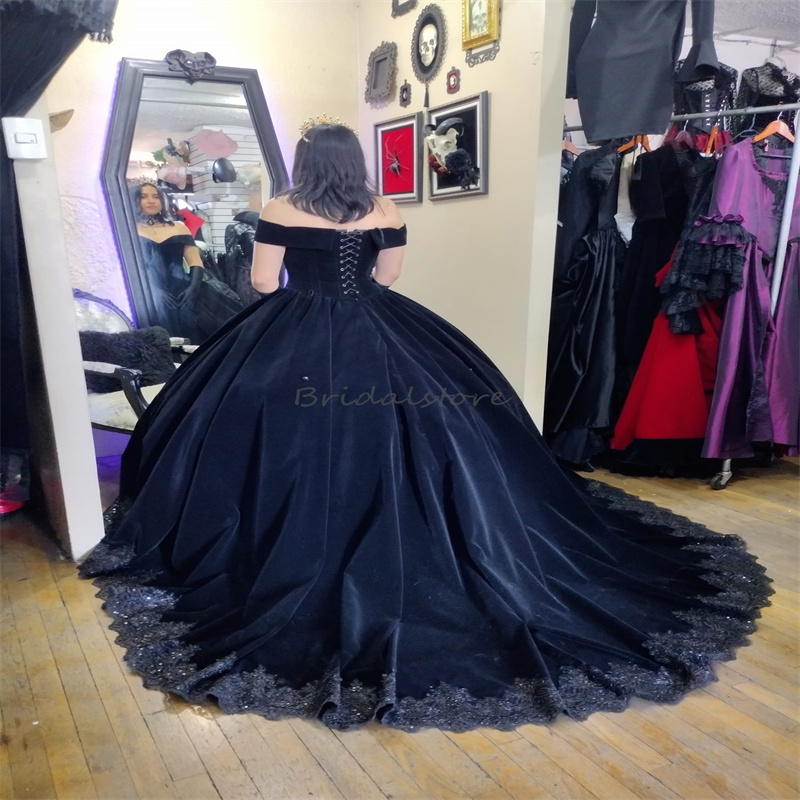 Victorian Black Prom Dresses Off Shoulders 18th Century Costume Medieval Rococo Evening Dress Vampire Gothic Formal Halloween Appliques vestido de nov