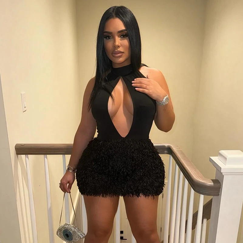 CUTENOVA Women Black Chic Sexy Halterneck Cut Out Bustier Sleeveless Tank Furry Patchwork Dress Y2K Skinny Spaghetti 240327