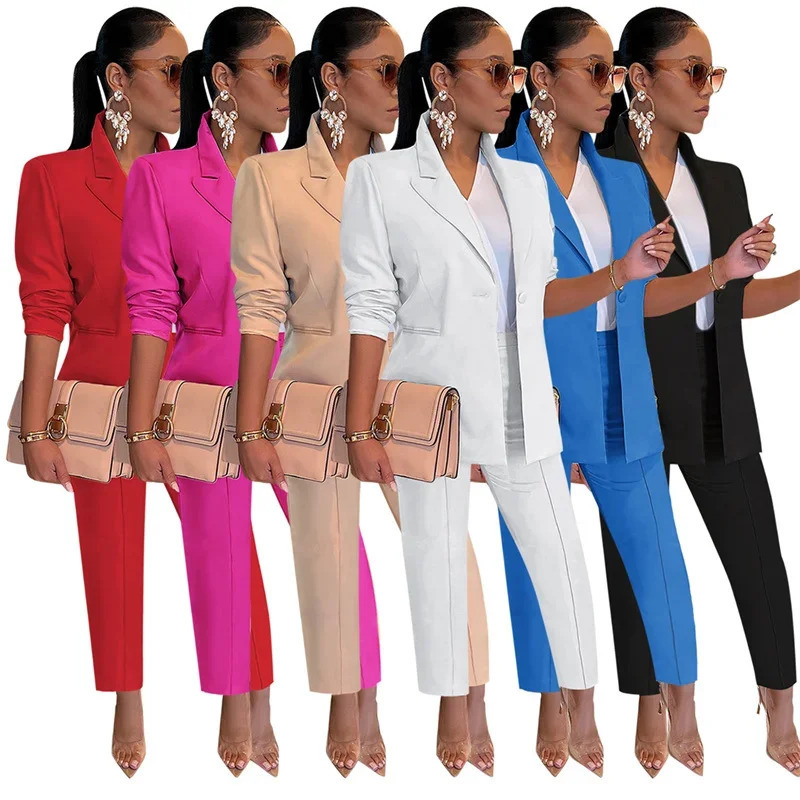 Elegant Work Wear Two Piece Set for Women Single Button Blazer Coat and Pants Office Lady Business Suit Matching Sets Uniform 240327