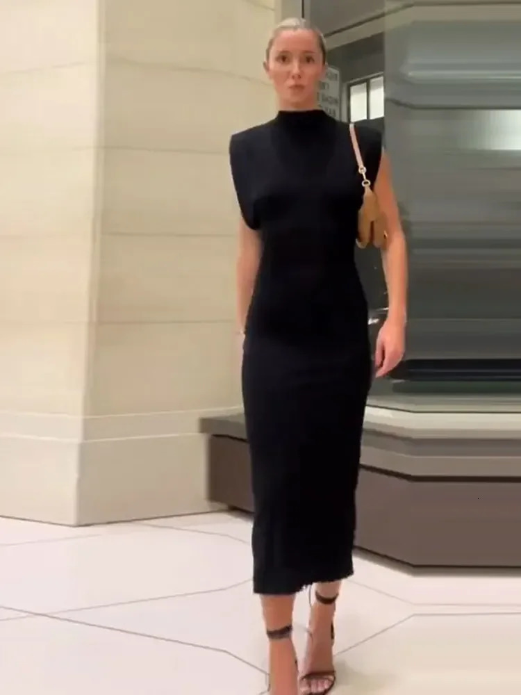 Sexy Black Split Sleeveless Shoulder Pads Bodycon Dress Women Zipper Slim Midi Dresses Elegant Female Party Robe 240327