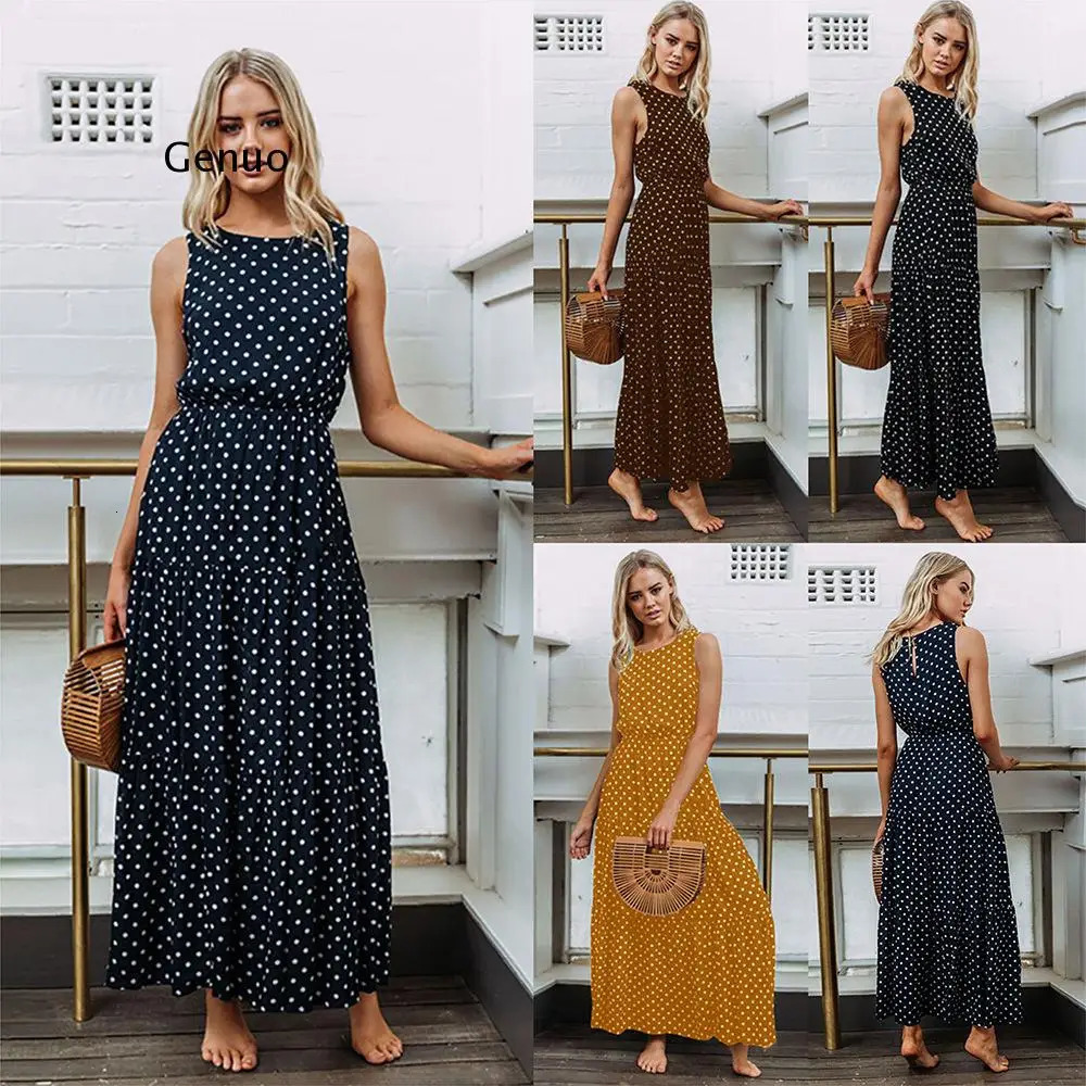 Women Summer Boho Casual Sleeveless Dress Homewear PolkaDot Party Beach Long Maxi Navy Sundress 240323