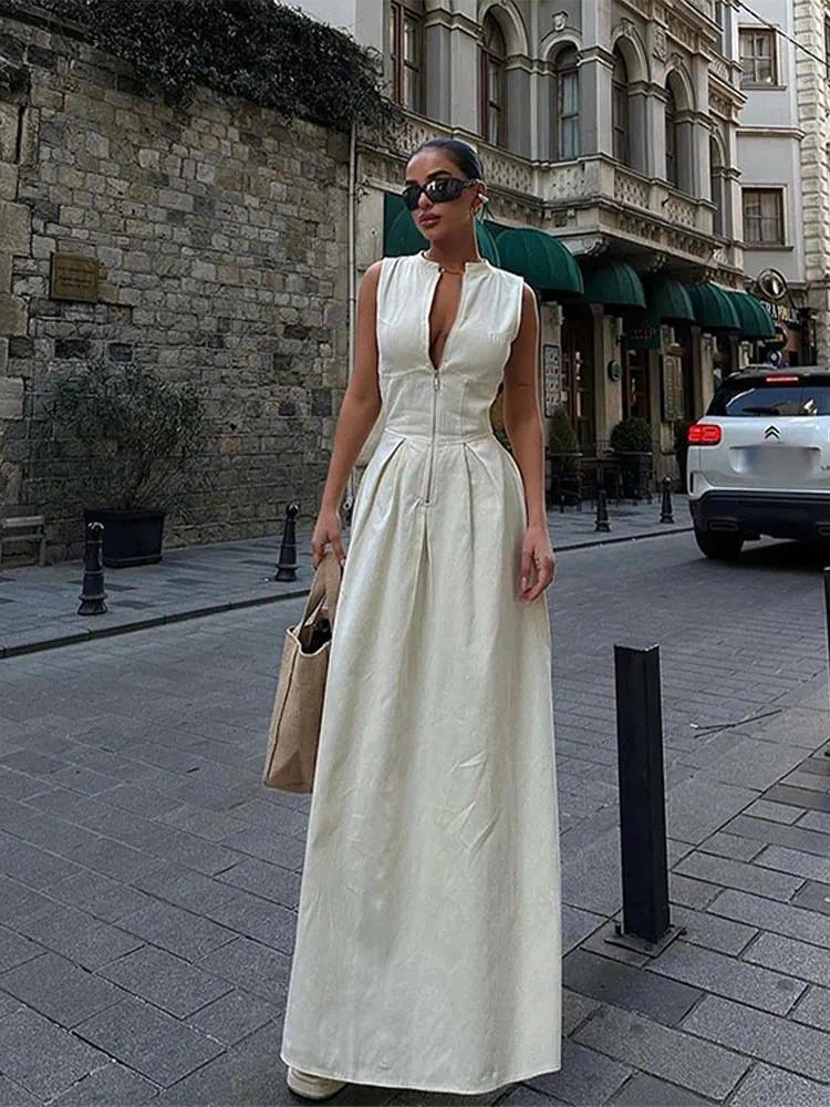Casual Dresses Women Elegant Solid Half Zipper A-line Fashion Round Collar Sleeveless Pleated Slim Dress Female High Street Robe