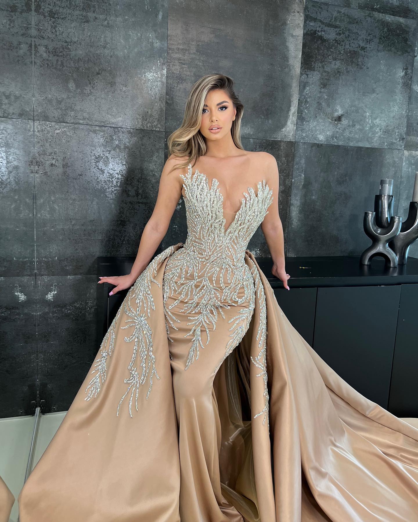 Fabulous Champagne Mermaid Evening With Overskirts V Neck Crystal Formal Party Prom Dress Red Carpet Dresses For Special Ocn Robe De Soiree 0616