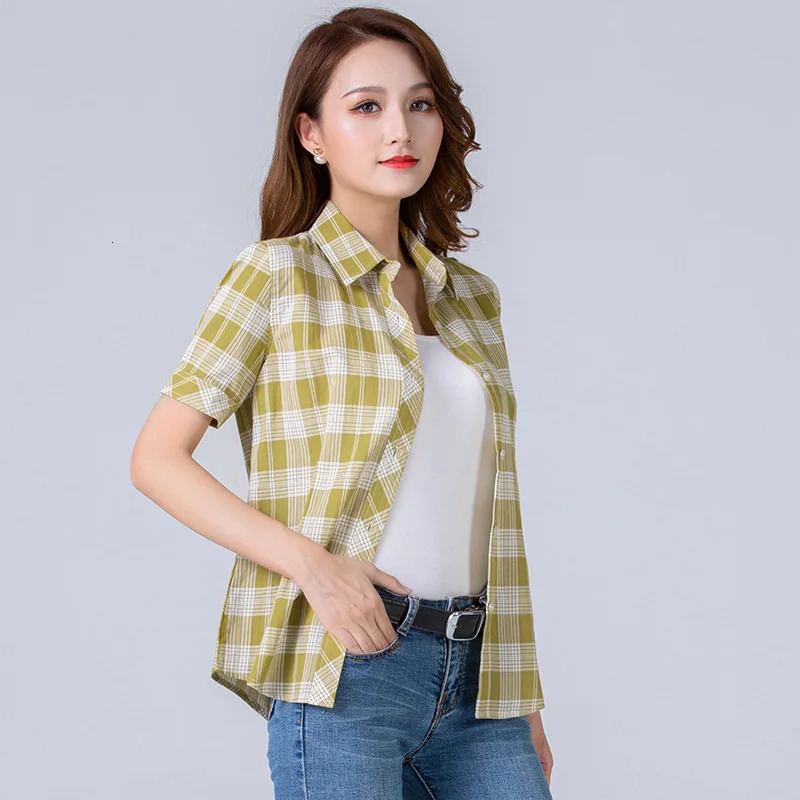 Summer Fashion Plaid Short Sleeve Shirt Women Blouse Casual Cotton Tops Fresh Girl Clothing 240327