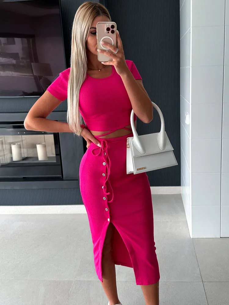 Sexy Oneck Short Knitted Crop Tops And Midi Skirt Two Piece Set 2023 Autumn Button Bodycon Pencil Dress 2 240323
