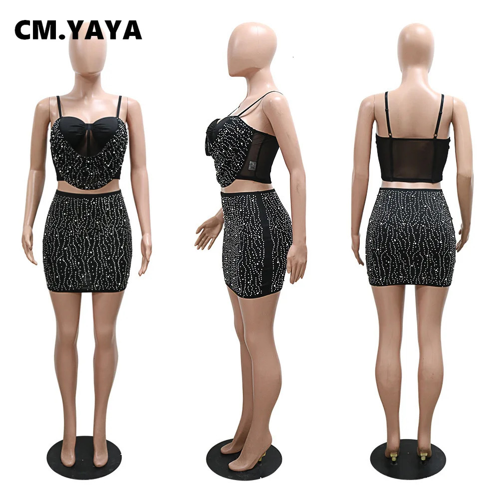 CMYAYA Women Diamonds Rhinstones Midi Mini Skirt Suit and Strap Plle Neck Crop Top 2023 Sexy Two 2 Piece Dress Sets Outfits 240323