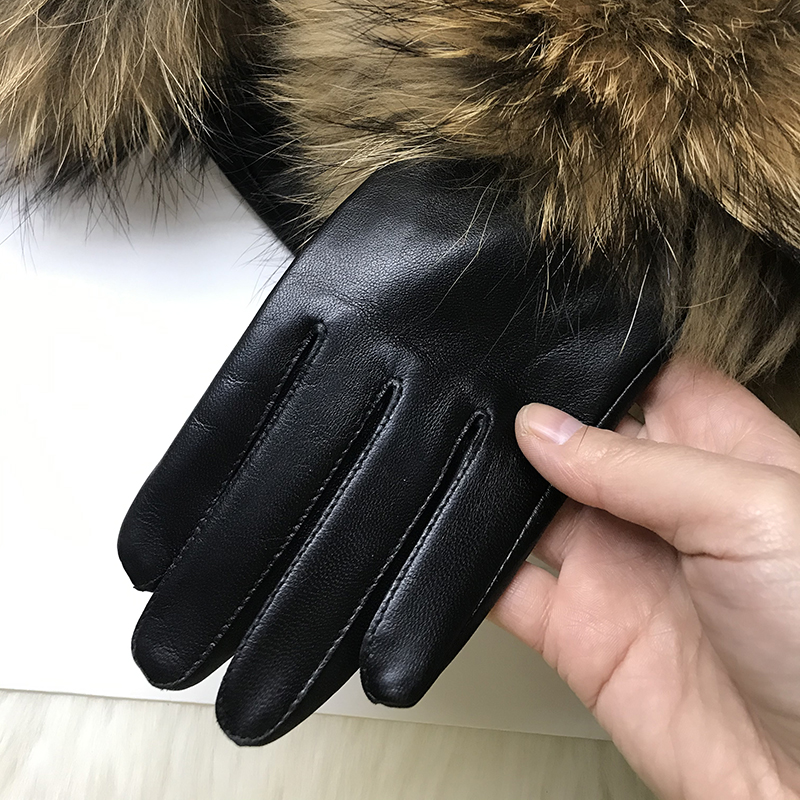 Real Raccoon Fur Gloves Women's Genuine Leather Gloves Big Raccoon Fur Sheepskin Gloves Female Winter Velvet Warm Touch