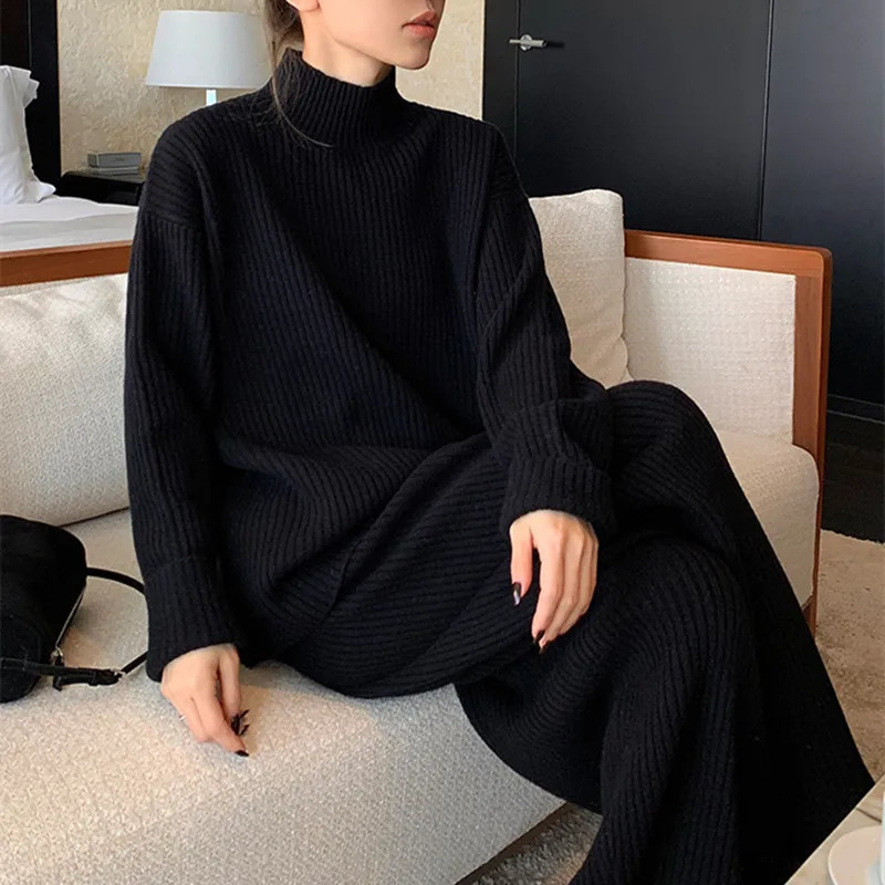 Fall and Winter Womens Knitted Pant Suits Korean Fashion Loose Mock Neck Pullover Sweater Elastic Waist Pants 2pcs Matching Set 240327