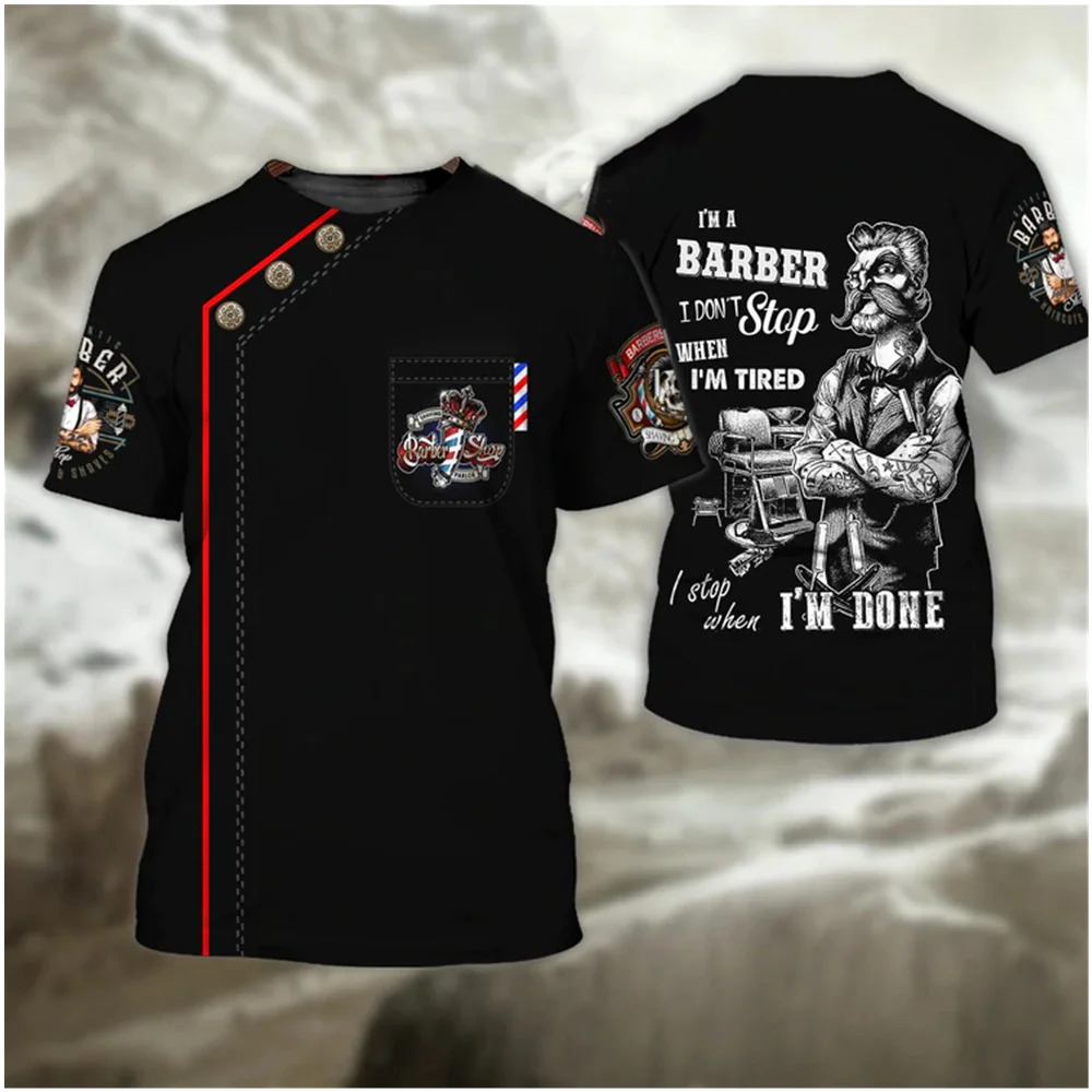 Mens 3D Printing T-shirt Customized Barber Shop Work Suit Casual Short Sleeve Sweater Summer Fashion Sale 240313