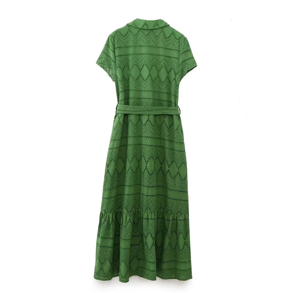 ZAR SpringSummer Selling Womens Waistband Lapel Short Sleeve Hollow out Embroidered Shirt Midi Dress 240327