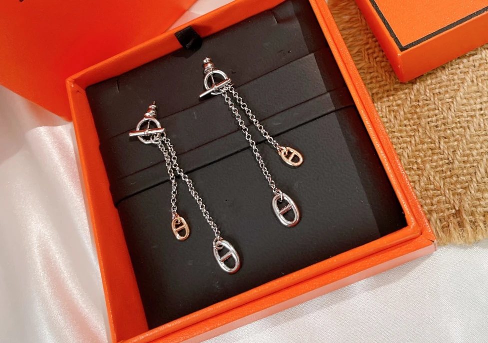 Fashion Sier Color Hollow Double Stud Earrings for Design Link Chain Drop Dangle Earring Jewelry Accessories
