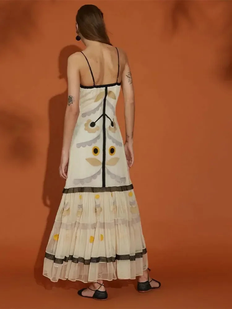 Elegant Print Patchwork Backless Spliced Sling Midi Dress Women Summer Ruffles Sleeveless Vestidos Holiday Robes Female 240327