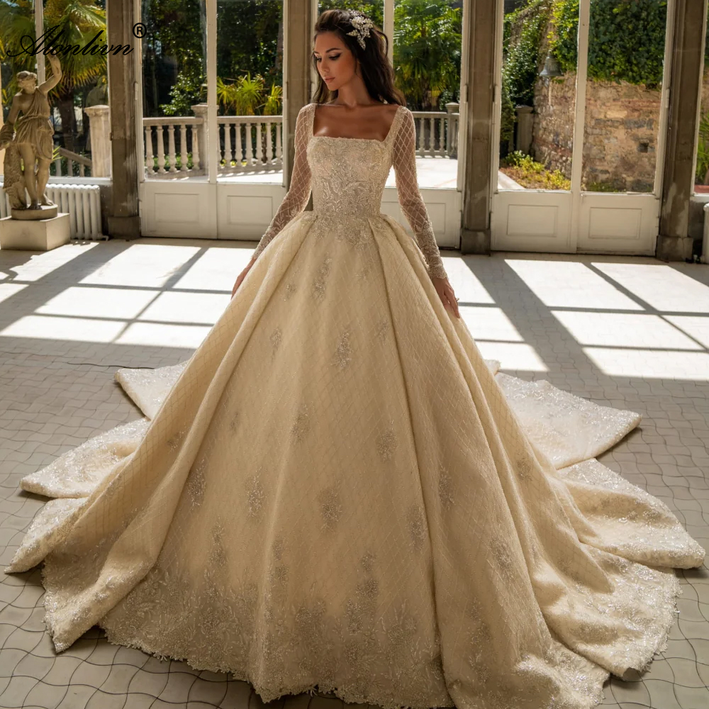 Magnificent Beading Lace Square Collar Ball Gown Wedding Dress Full Sleeves Beading Pearls Embroidery Appliques princess Bridal Gowns With Chapel Trai