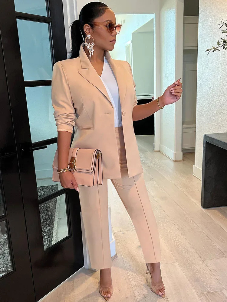 Elegant Work Wear Two Piece Set for Women Single Button Blazer Coat and Pants Office Lady Business Suit Matching Sets Uniform 240327