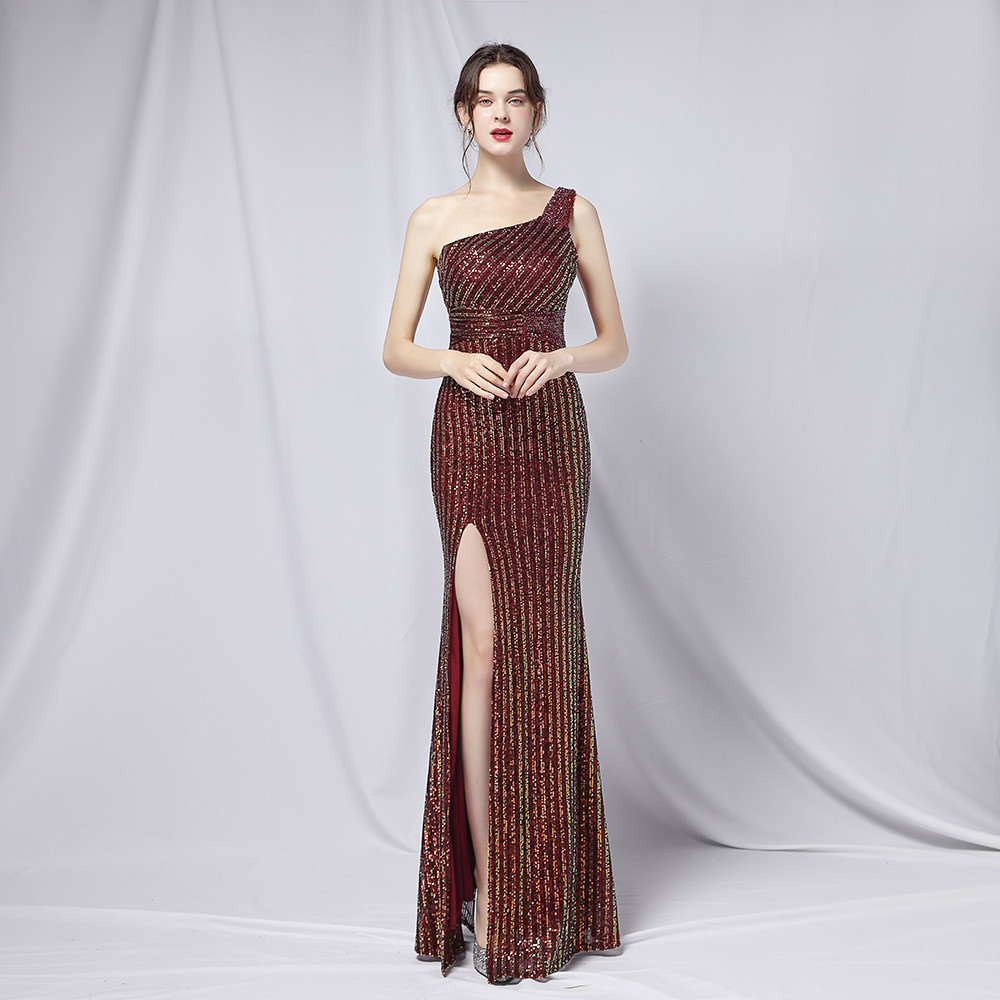 Glittering Champagne Sequined Evening Dresses Sexy One Shoulder Formal Prom Gowns Side Slit Mermaid Women Special Occasion Dress