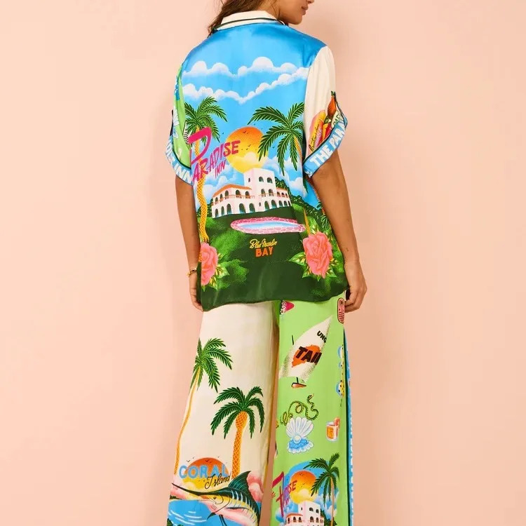 Women Holiday Casual Printed Coconut Trees Short Sleeve Shirt Blouse Top Loose Long Pants 2 Piece Set Summer Beach Outfits Suit 240314
