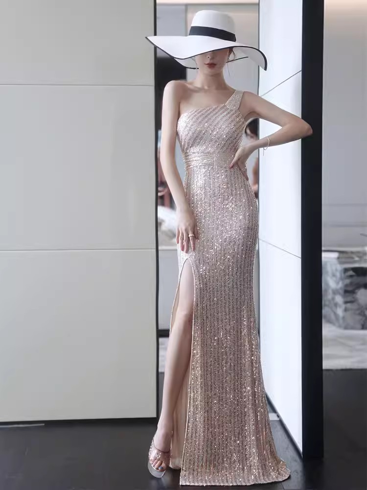 Glittering Champagne Sequined Evening Dresses Sexy One Shoulder Formal Prom Gowns Side Slit Mermaid Women Special Occasion Dress