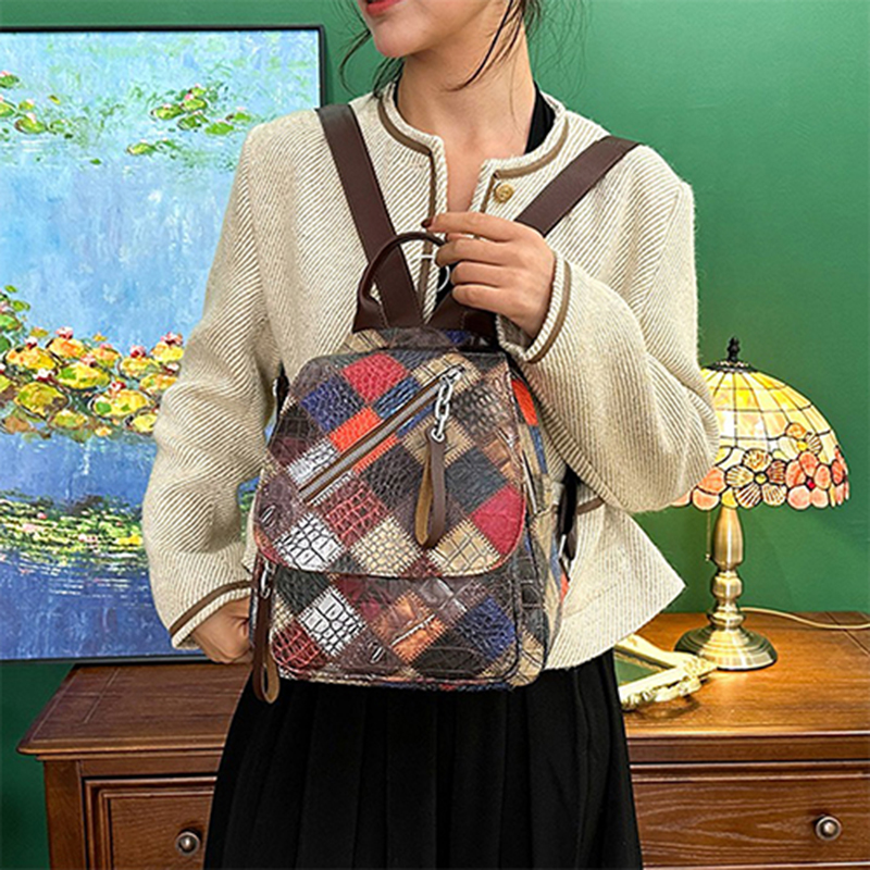 soft leather texture backpack women's bag patchwork contrasting color travel bag
