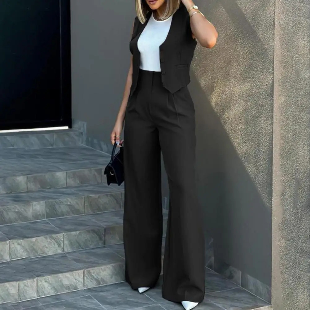 Women Suit Vest Elegant Lady Baggy Pants Set with Sleeveless Womens High Waist Wide Leg in for Fashionable 240327