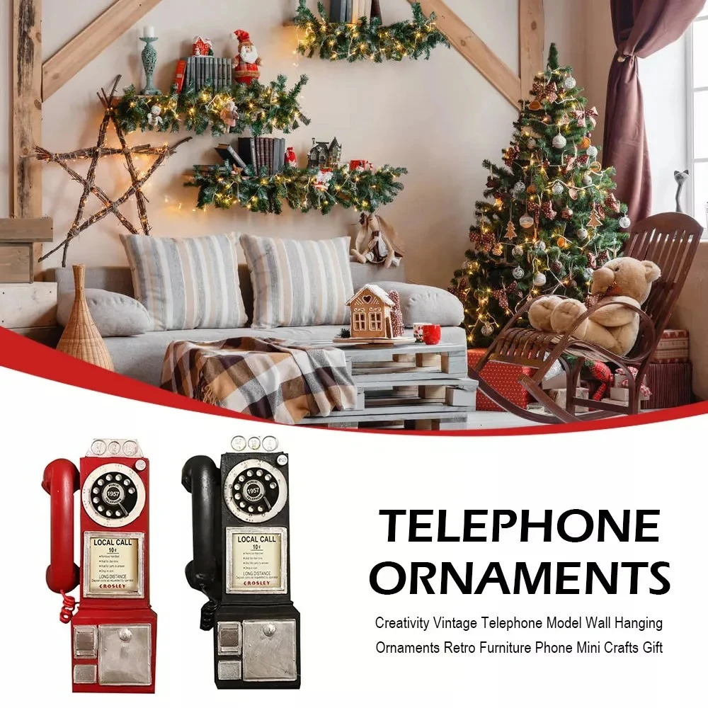 Home Decor Vintage Telephone Model Wall Hanging Crafts Ornaments Retro Dial Pay Phone Furniture Bar Decoration Accessory 240314