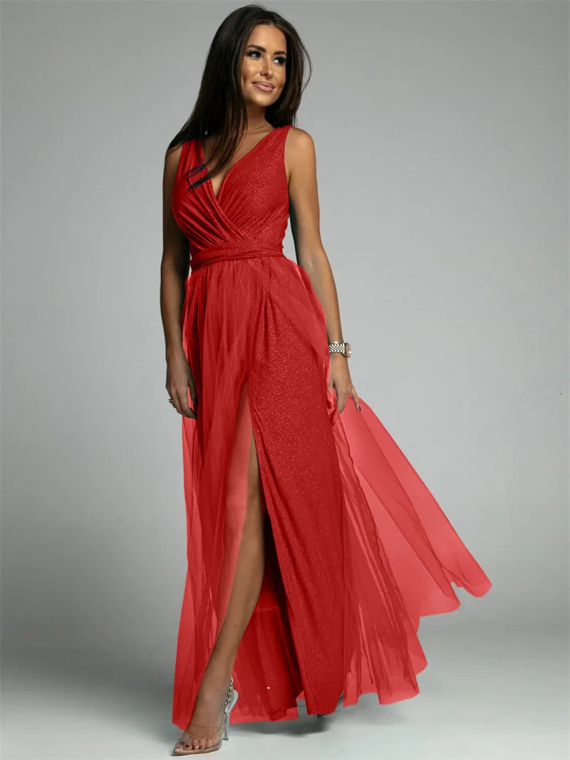 Sexy Crossover V Neck Dress Women Elegant Party Shrink Waist Sleeveless Dressy Female Split Hem Shiny Decoration Princess Skirt 240327