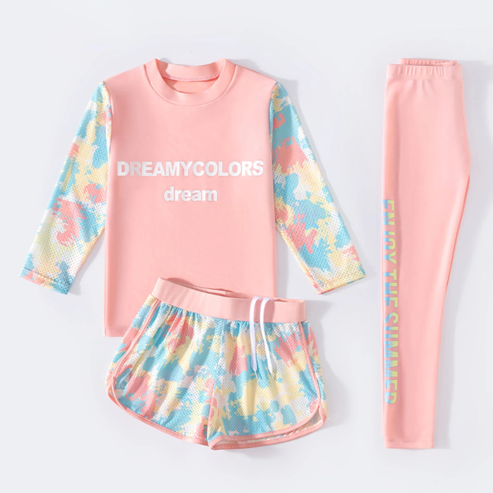 Kids Girls 3Pcs Colorful Print Swimsuit Sun Protection Rash Guard Long Sleeve Swim Top Shorts And Pants Swimwear Bathing Suit 240326