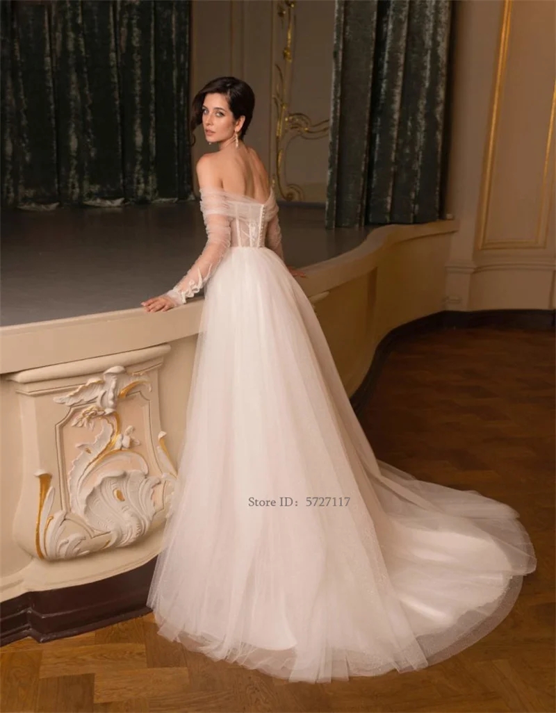 Graceful Sweetheart A-Line Princess Wedding Dress Off-Shoulder Long Sleeves Bridal Gowns Robe De Mariage