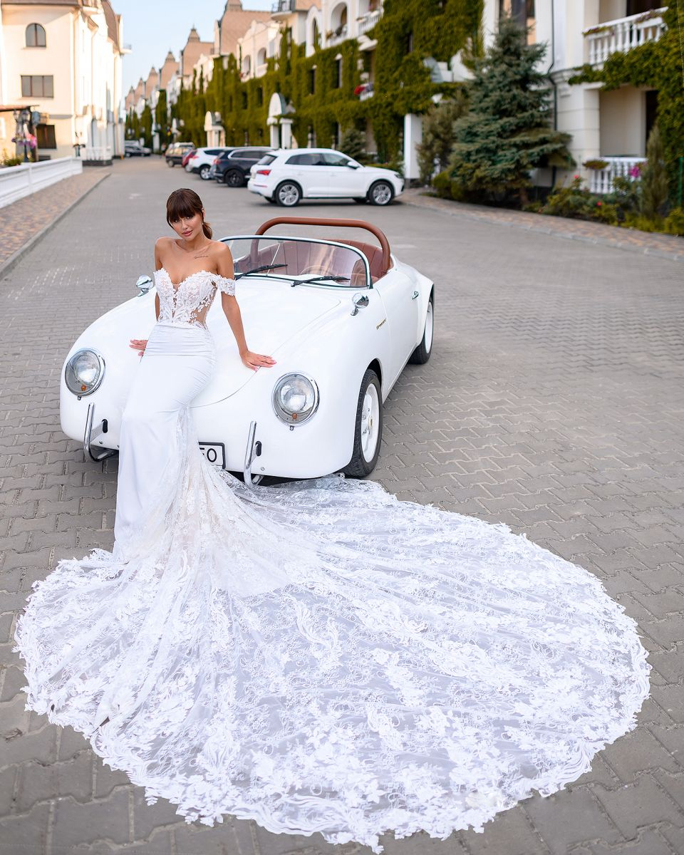 2024 Elegant Off Shoulder Sleeves Sweetheart Mermaid Wedding Dresses chapel Train Floral Prints chapel Train Trumpet Bridal Gowns