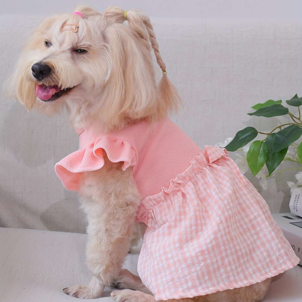 1pc pet dress with plaid bow flying sleeves all season dog and cat clothing