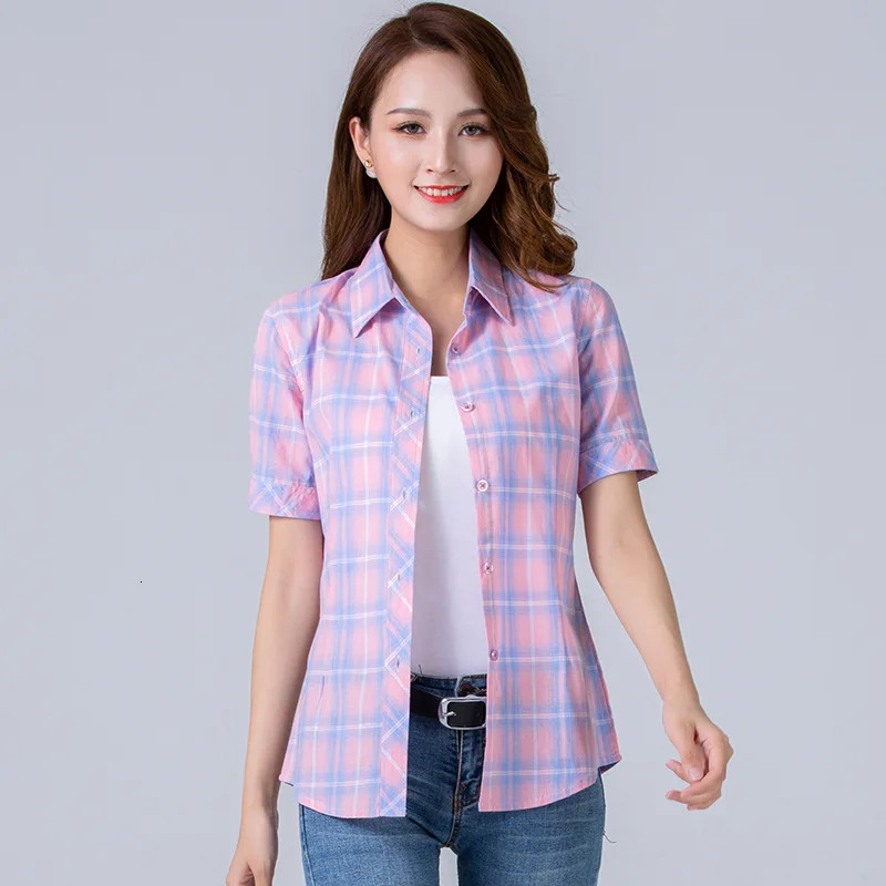 Summer Fashion Plaid Short Sleeve Shirt Women Blouse Casual Cotton Tops Fresh Girl Clothing 240327