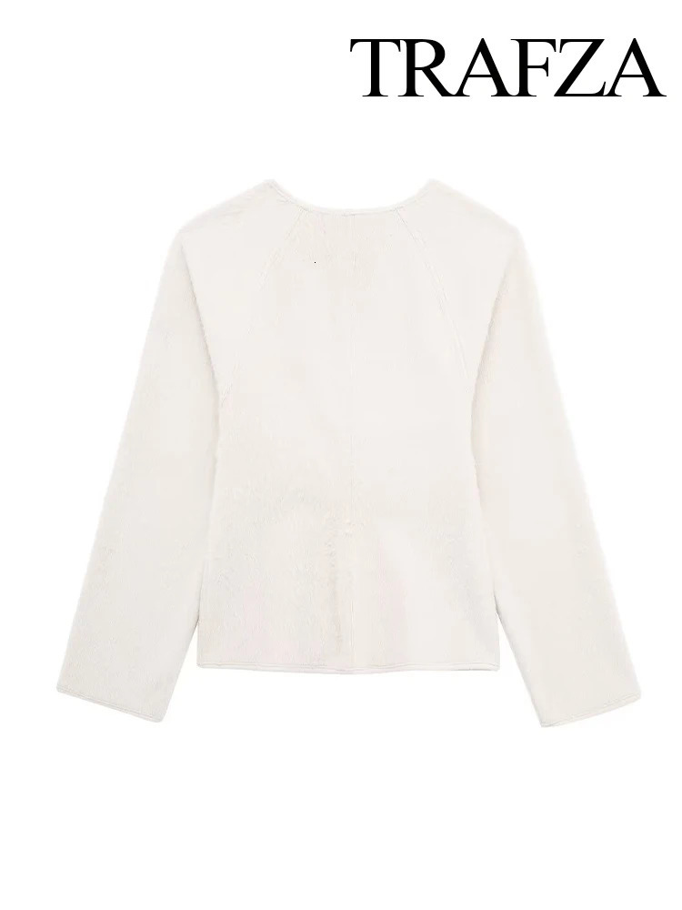 TRAFZA Womens Spring Fashion Sweater Coats Solid VNeck Long Sleeves Belt Decoration Cardigan Female Casual Slim Knitted Tops 240311