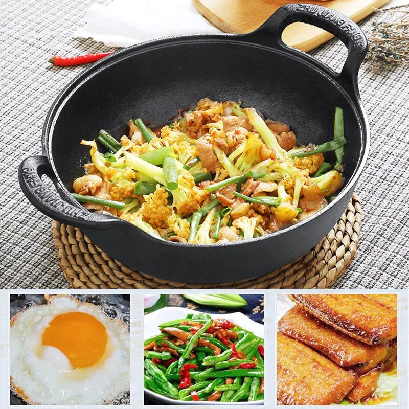 Uncoated Cast Iron Wok Non-stick Skillet for Kitchen Cooking | Fry Pan