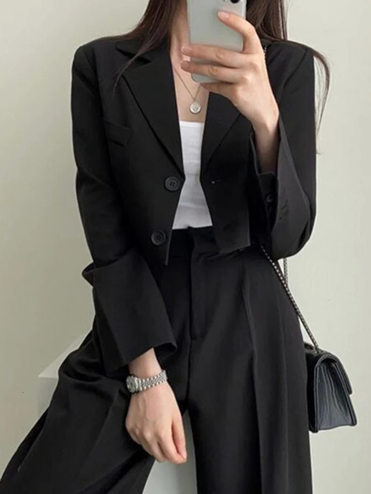 Korean OL Short Suits Sets Women Casual Loose Crop Blazers Jackets Conjunto High Waist Wide Leg Pants Ensemble Offcie Outfit 240327