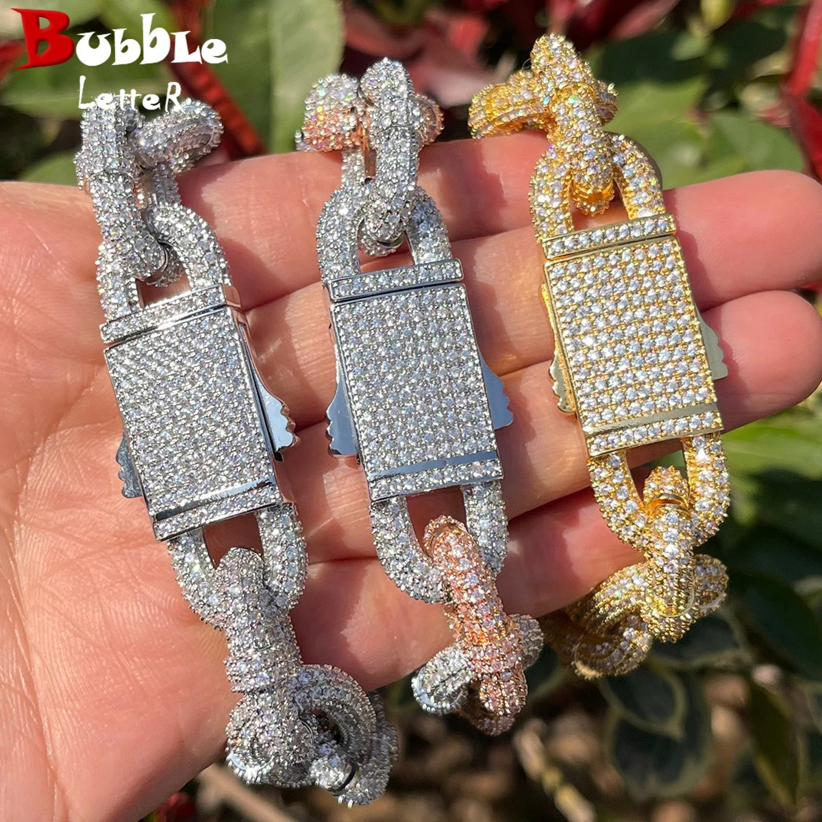 Bubble Letter Iced Out Bracelet for Men Box Cuban Link Charms Cubic Zircon Gold Plated Hip Hop Jewelry Spring Clasp 240323