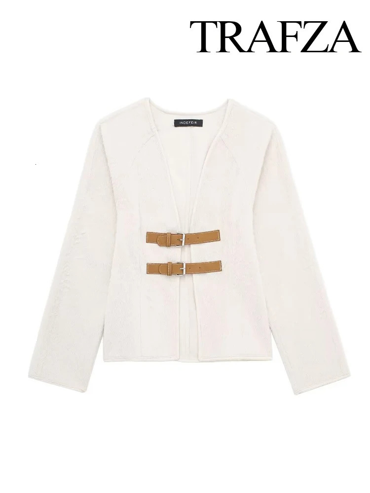 TRAFZA Womens Spring Fashion Sweater Coats Solid VNeck Long Sleeves Belt Decoration Cardigan Female Casual Slim Knitted Tops 240311