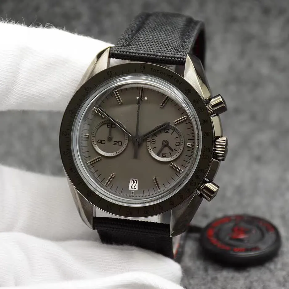 44MM Quartz Chronograph Gray Dial Mens Watches Moonwatch Black Leather Strap Dark Side of the Ring Showing Tachymeter Markings Wristwatches