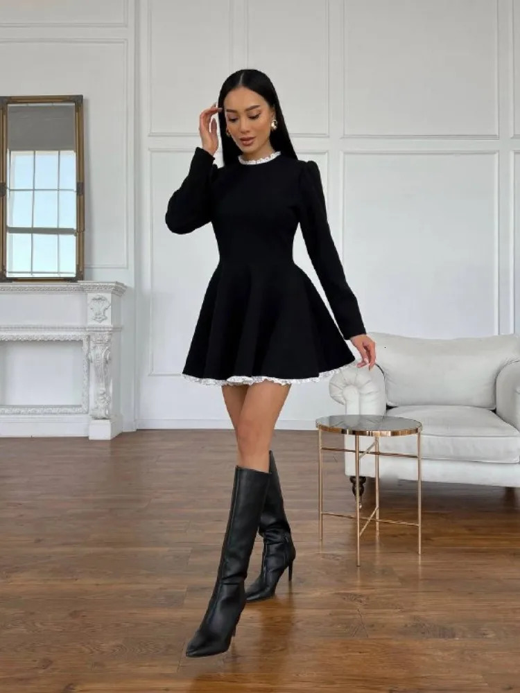 Tossy Black Lace Mini Dress For Women Fashion Patchwork High Waist Elegant Vintage Summer Party Gown 240327
