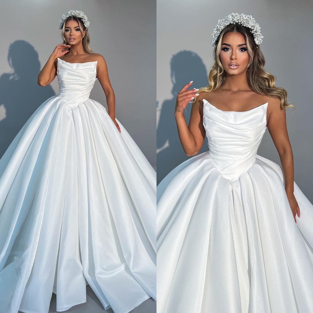Princess Ball Gown Wedding Dress For Bride Strapless Satin Wedding Dresses Bridal Gowns Vestido De Noiva Pleats Ruffle Classic Robe Mariage 0616