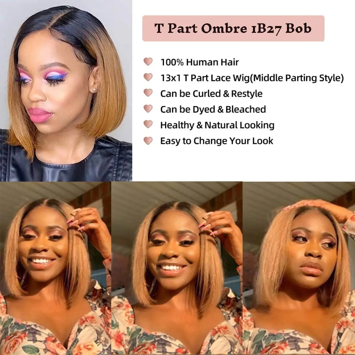 1B/30 Color 13X4 Lace Frontal Wig Brown Human Hair 1B/99J Bury Ombre Straight Short Bob Wigs