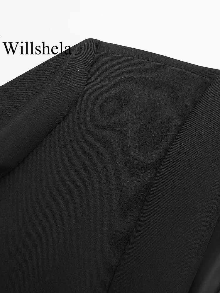 Willshela Women Fashion Satin Black With Feather Blazer Jacket Vintage Notched Neck Single Button Long Sleeves Female Outfits 240318