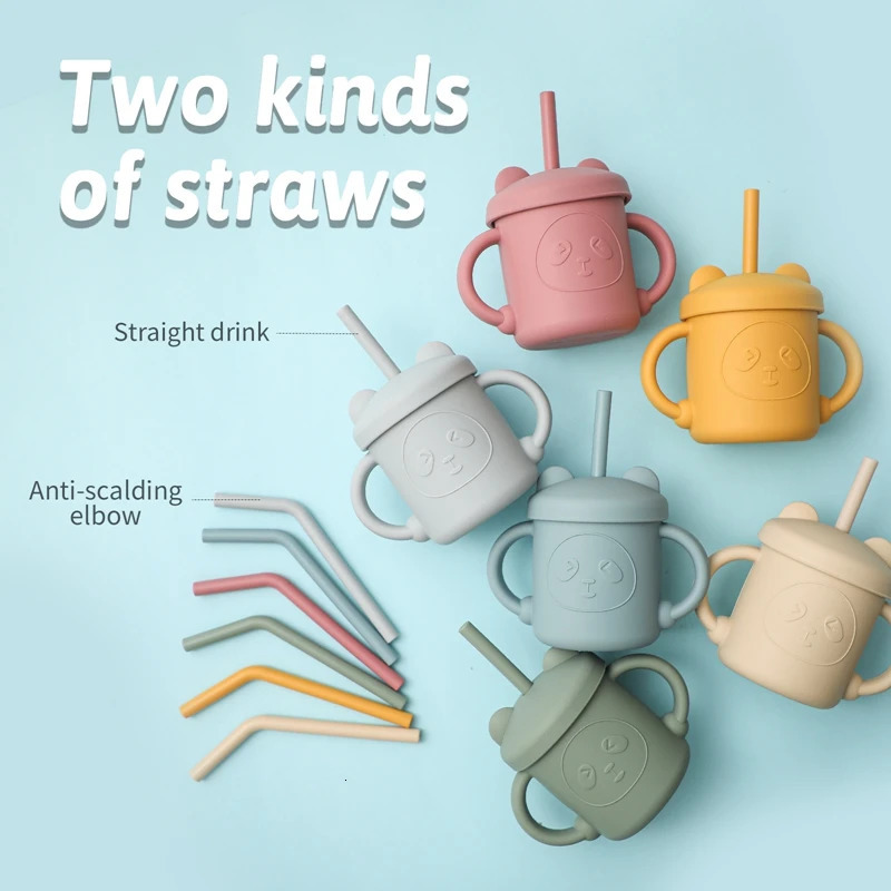 Lets Make Bear Silicone Baby Feeding Cup with Straw BPA Free Silicon Sippy Trainer Cups Handles Water Bottle 240322