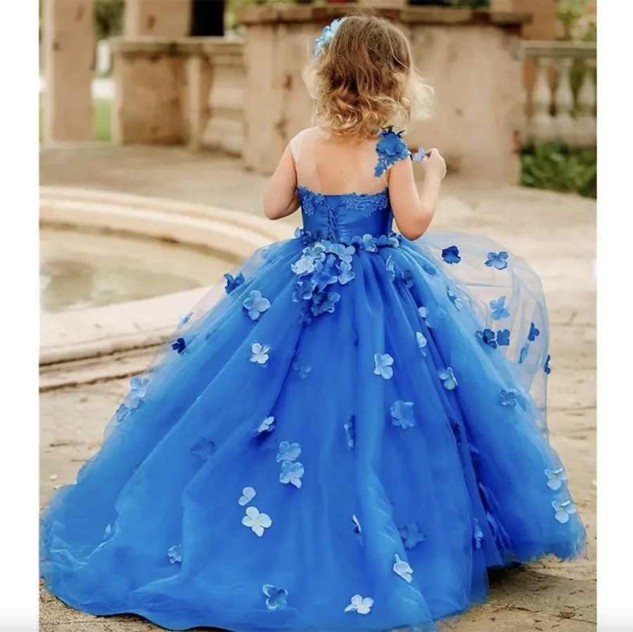 Royal Blue Lace wer Girl Dresses For Wedding 3D Appliqued Ball Gown Toddler Pageant Gowns Tulle or Length First Communion Dress