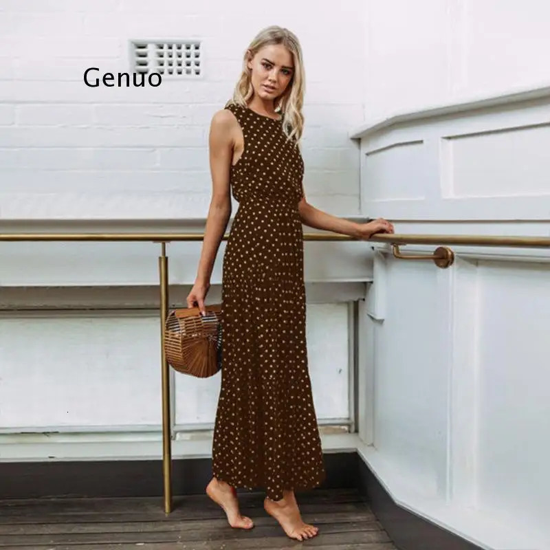 Women Summer Boho Casual Sleeveless Dress Homewear PolkaDot Party Beach Long Maxi Navy Sundress 240323